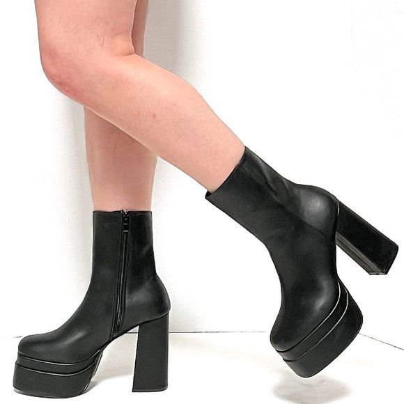 New Black Double Platform Chunky Heel Ankle Boots Booties - Picture 1 of 4